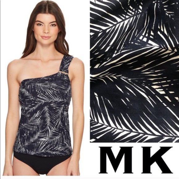 Michael Kors Palm Print Two Piece Tankini Bikini Bottoms Navy White One Shoulder - Picture 3 of 14